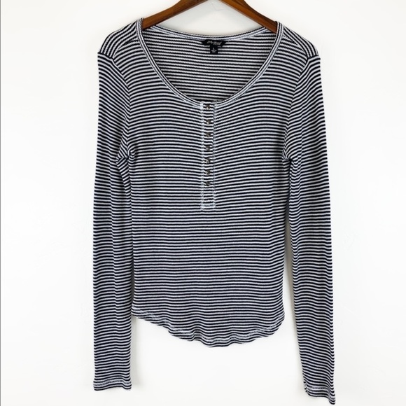 Lucky Brand Tops - Lucky Brand Carina Black & White Stripe Thermal Henley Top L